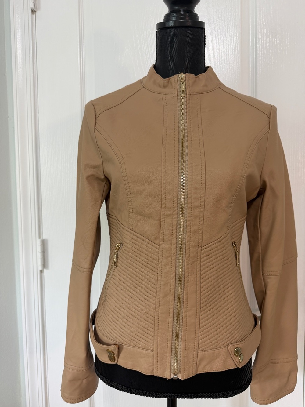 Women's Beige Faux Leather Zip-Front Jacket